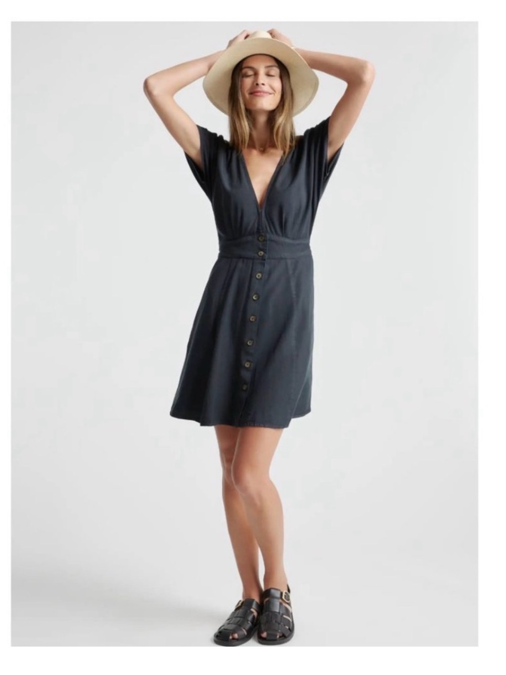 Quince Deep V Button-Front Short Dress in Charcoal